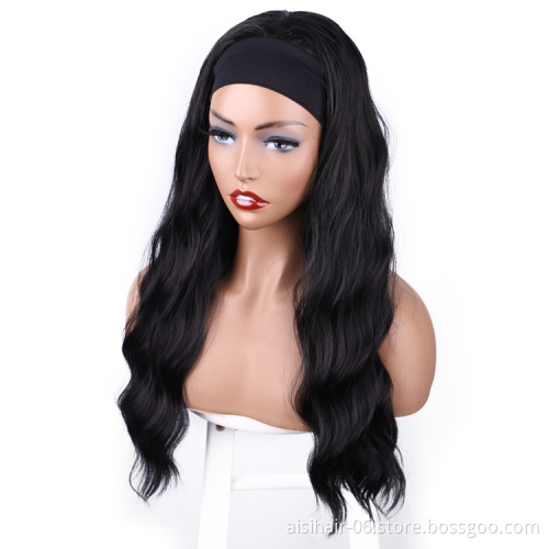 Long black deepwave curly inch good cheap wholesale synthetic headband attached grip wigs black wowen braizilian